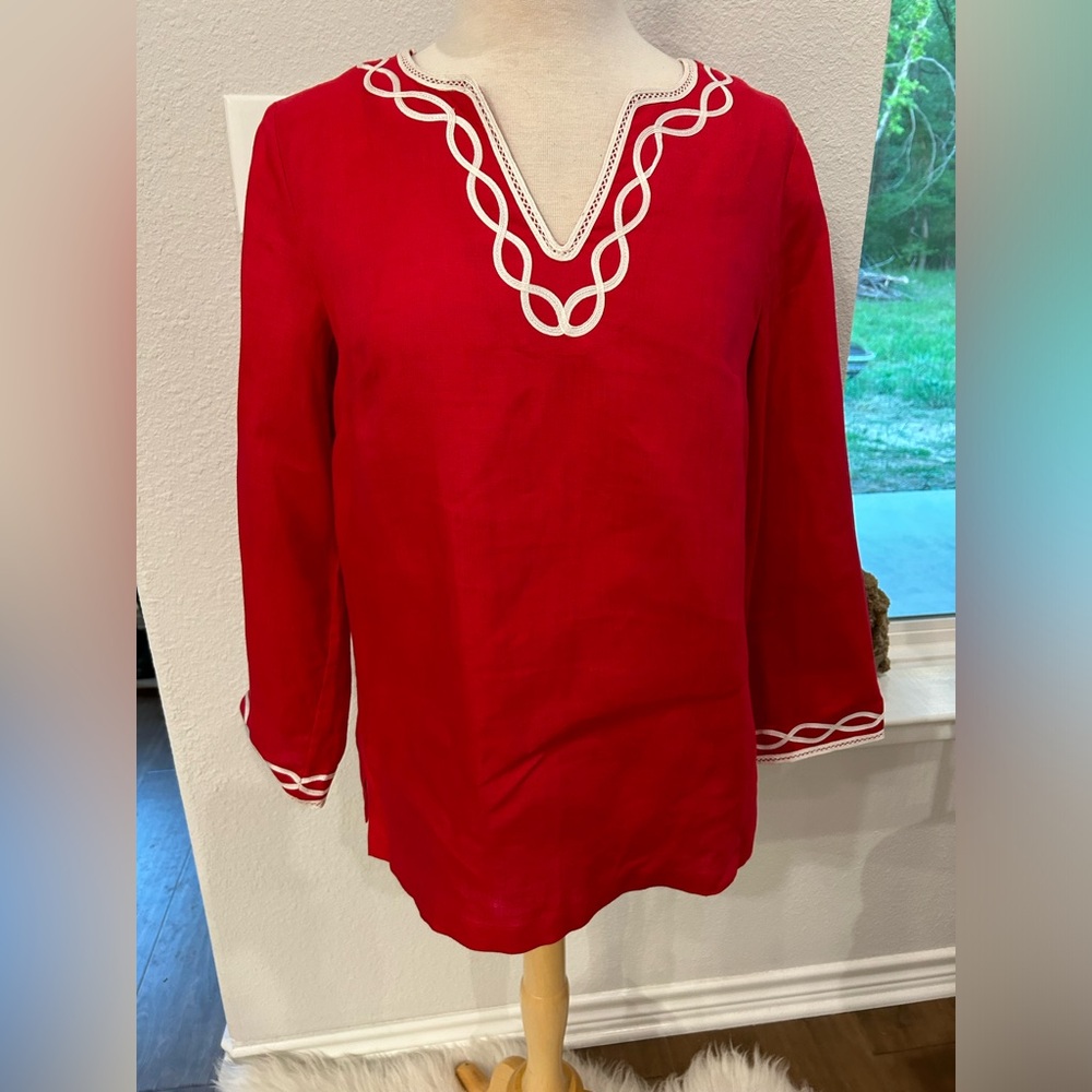 Talbots 100% linen‎ Red Embroidered V-Neck Women’s Tunic top small